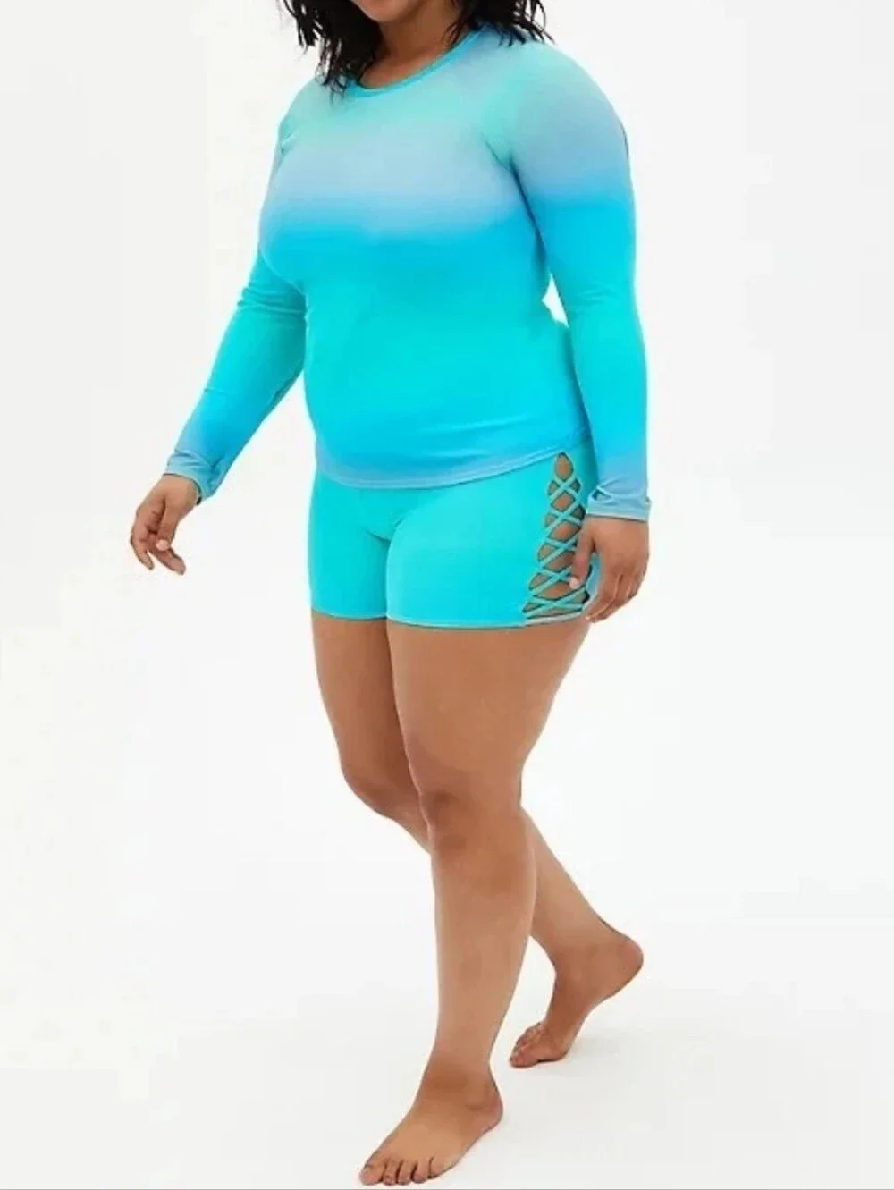 Torrid Set Aqua Seaside Gradient Rash Guard + Lattice-Side Swim Shorts 3731-CU